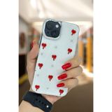 PSGT Apple iPhone 13, 14, 15 ile Uyumlu Kılıf, Kırmızı Kalp Desenli, Şeffaf, Kamera Çıkıntılı