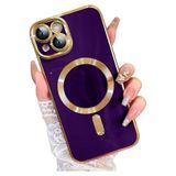PSGT Apple iPhone 13 ile Uyumlu Kılıf, MagSafe Magnetic, Lazer Kesim, Mor, Gold Çerçeve