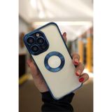 PSGT Apple iPhone 13 ProMax ile Uyumlu Metalik Kılıf, Logo Yeri Açık, Şeffaf Silikon, Lacivert