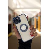 PSGT Apple iPhone 14 ile Uyumlu Metalik Kılıf, Logo Yeri Açık, Şeffaf Silikon, Mavi