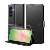 PSR Aksesuar Samsung Galaxy Uyumlu Ekran Koruyuculu Kılıf – Kapaklı Kartlıklı Deri Görünümlü Standlı Kapak | Telefon Tam Koruma Seti (Siyah, Galaxy A55)