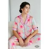 Psychedelic Flora Kadın Saten Pijama Takımı Büyük Çiçek Desenli Kısa Kollu Neon