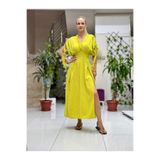 PT242500 Beli Lastikli Yaka Omuz Püsküllü Derin Yırtmaçlı Coton Elbise Fıstık