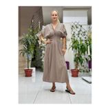 PT242500 Beli Lastikli Yaka Omuz Püsküllü Derin Yırtmaçlı Coton Elbise Vizon