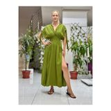 PT242500 Beli Lastikli Yaka Omuz Püsküllü Derin Yırtmaçlı Coton Elbise Yeşil