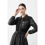 Puane Fermuarlı Deri Görünümlü Uzun ELBISE-12663 - Brown - Black