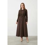Puane Kadın Fermuarlı ve Taş Işlemeli Uzun Elbise - 12674ELB - Brown - XL
