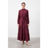 Puane Kadın Kuşaklı Hakim Yaka Maxi Elbise - 12706ELB - BURGUNDY