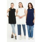 Puane Kadın LACİVERT+ SİYAH + EKRU Renkler 3 Lü Set Kolsuz Önü Şifon Detaylı Tunik/İçlik 10270