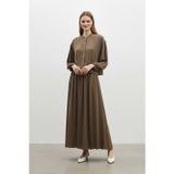 Puane Kadın Taş Düğme Detaylı Bluz ve Uzun Etek Takım-14434 - BROWN
