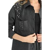 Puane Kadın Yumuşak Dokulu Omuz ve Cep Taş Detaylı Çizgili Antrasit Gömlek/tunik 10552 - Siyah - L - XL