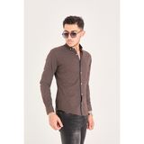 Puantiye Baskılı Poplin Pamuk Likra Slim Fit Erkek Gömlek - XL - Kahve