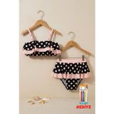 Puantiye Desenli Fırfırlı Siyah Renk Kız Çocuk Etekli Bikini Takımı