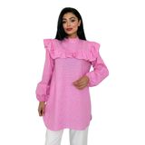 Puantiyeli Omuzdan Fırfırlı Poplin Tunik (Pembe, S-M)