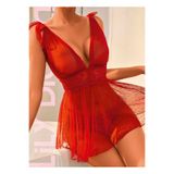 Puantiyeli Tül ve Dantel Detaylı Derin V Yaka Babydoll Gecelik 1015-1014-1019
