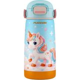 Puccon 420 ml Kız Çocuk Turkuaz Unicorn Baskılı Okul Matarası Çelik Matara - 60030 - Silikon Pipetli - Unicorn ve Çiçekler