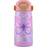 Puccon 420 ml Lila Pembe Kelebek Desenli Kız Çocuk Pipetli Çelik Termos/suluk/matara - Kırılmaz - 60032 - Renkli Kelebek