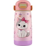 Puccon 420 ml Pembe Sevimli Kedi Baskılı Kız Çocuk Için Paslanmaz Çelik Termos / Suluk - 60023 - Pembe - Beyaz