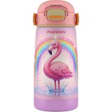 Puccon Kız Çocuk Pipetli 420 ml Matara Suluk Termos - Pembe Lila Flamingo Desenli Taşıma Askılı 60033