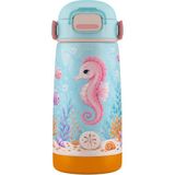Puccon Mor Turkuaz Denizatı Baskılı Kız Çocuk 420 ml Çelik Matara/suluk/termos - 60025 - Pembe - Mavi
