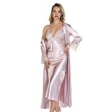 Pudra Kadın Saten Dantelli Sabahlık Ve Gecelik 2'li Takım, XL, B5192NT-19804IGP27190886
