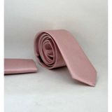 Pudra Pembe Slim Fit (ince) Düz Renk Mendilli Saten Kravat - SS-39 SS-39-GF