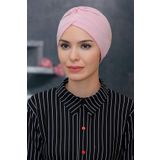 Pudra Pratik Hazır Geçmeli Tesettür Bone Sandy Kumaş Taçlı Büzgülü 1208_06