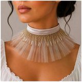 Pudra Renk Organze Tül - Saten - Pudra Renk El İşi Boncuk Kadın Choker