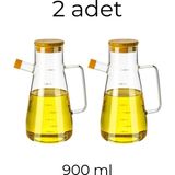 PudraLuna 2 Adet Bambu Kapaklı Borosilikat Ölçekli Cam Yağlık - Yağdanlık 900 ml - Şeffaf