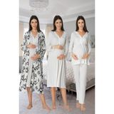 Puerpera Effort Kadın Ekru Uzun Kollu Pijama Takımı Gecelik Sabahlık Lohusa Hamile 4'lü Set 8096