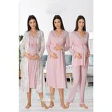 Puerpera Effort Kadın Pembe Uzun Kollu Pijama Takımı Gecelik Sabahlık Lohusa Hamile 4'lü Set 8096 - XL