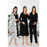 Puerpera Effort Kadın Siyah Uzun Kollu Pijama Takımı Gecelik Sabahlık Lohusa Hamile 4'lü Set 8096 - 2XL