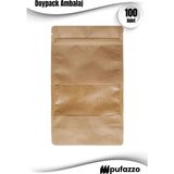 Pufazzo Doypack Ambalaj 100 Adet - Kraft Dar Pencereli Kilitli Kese Kağıdı - Kuru Gıda, Kahve ve Kuruyemiş Ambalajı - 11x18,5+3,5 cm