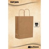 Pufazzo Kraft Çanta - Burgu Saplı Kraft Kağıt Poşet, Baskısız, 90GR/M2 Dayanıklı Taşıma Çantası - 25x12x31cm - 100 Adet