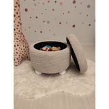 Puff Table Hazine, Ahşap Top Ayaklı Çocuk Pufu, Oyuncak Sepeti, Teddy Kumaş 42 cm Beyaz Ayak - Krem