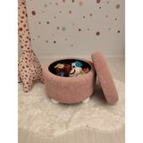 Puff Table Hazine, Ahşap Top Ayaklı Çocuk Pufu, Oyuncak Sepeti, Teddy Kumaş 42 cm Beyaz Ayak - Pembe