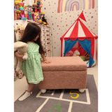 Puff Table Hazine , Beyaz Ahşap Top Ayaklı Pembe Teddy Sandıklı Çocuk Odası Pufu Oyuncak Sepeti