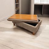 Puff Table Kardelen Sandıklı Orta Sehpa Puflu , Çizgili Vizon Kadife Kumaş Ahşap Ceviz Ayak