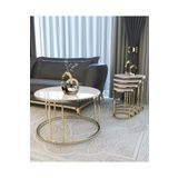 Puklife 4'lü Ceylin Zigon Ve Orta Sehpa Seti Gold Renk Metal Ayak, Parlak Yüzey Krem Mdf