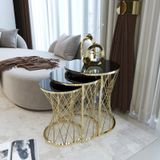 Puklife Hasır 3lü Zigon Sehpa Gold Ayak Siyah Cam