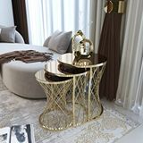 Puklife Hasır 3lü Zigon Sehpa Gold Renk Metal Ayak, Bronz Ayna