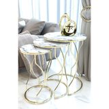 Puklife Rüya 3lü Zigon Sehpa Gold Ayak, Mermer Desenli Kırılmaz Cam