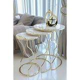 Puklife Rüya 3lü Zigon Sehpa Gold Renk Metal Ayak, Mermer Desenli Kırılmaz Cam