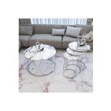 Puklife Rüya 4lü Zigon Ve Orta Sehpa Seti Gümüş Ayak - Beyaz Mermer Desenli Cam