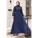 Pullu Kuşaklı Şifon Abiye Elbise 5617-02 Lacivert - 38
