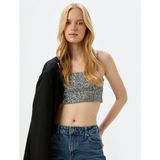 Pullu Payetli Ip Askılı Crop Kare Yaka Abiye Bluz - Gri - XL - 1 Drop