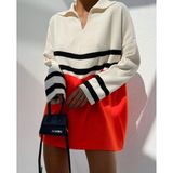 Pulur.co Bej Polo Yaka Çizgili Oversize Turuncu Detaylı Triko Kazak - Standart