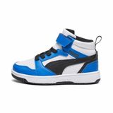 PUMA Rebound V6 Mid Ac+ PS üniseks çocuk spor ayakkabısı, Beyaz Siyah Yarış Mavisi, 33 EU