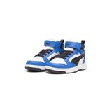 PUMA Rebound V6 Mid Ac+ PS üniseks çocuk spor ayakkabısı, Beyaz Siyah Yarış Mavisi, 34 EU