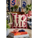 Punch Nakışlı Home Temalı Kırlent Kılıfı, 43x43 cm, Şeker Pembe | Süet Kumaş, Çizgili Desen, Fermuarlı Kapak, 100% Polyester, Kare Şekil